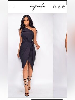 Emprada One-Shoulder Black Wrap Midi Dress